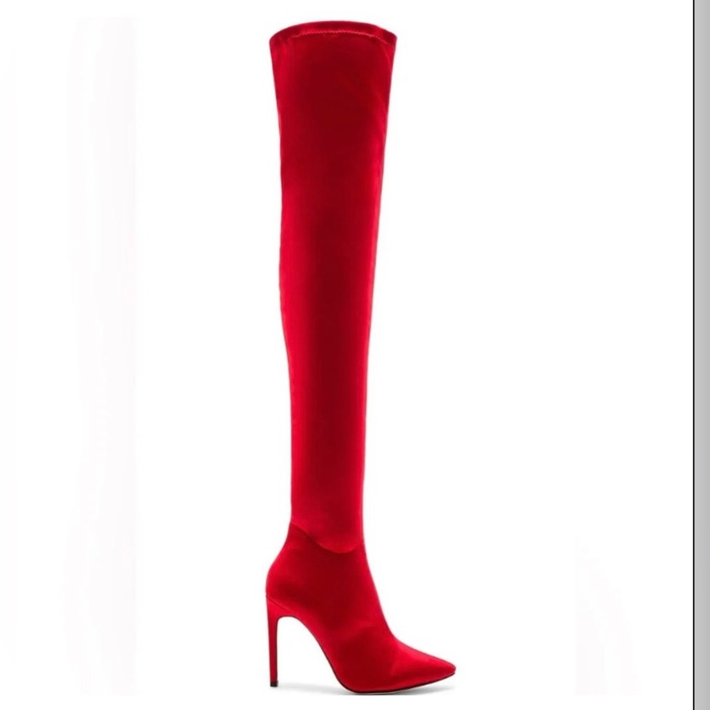 😍RAYE the Label😍 Sexy Red Satin Thigh High Boots Size 9